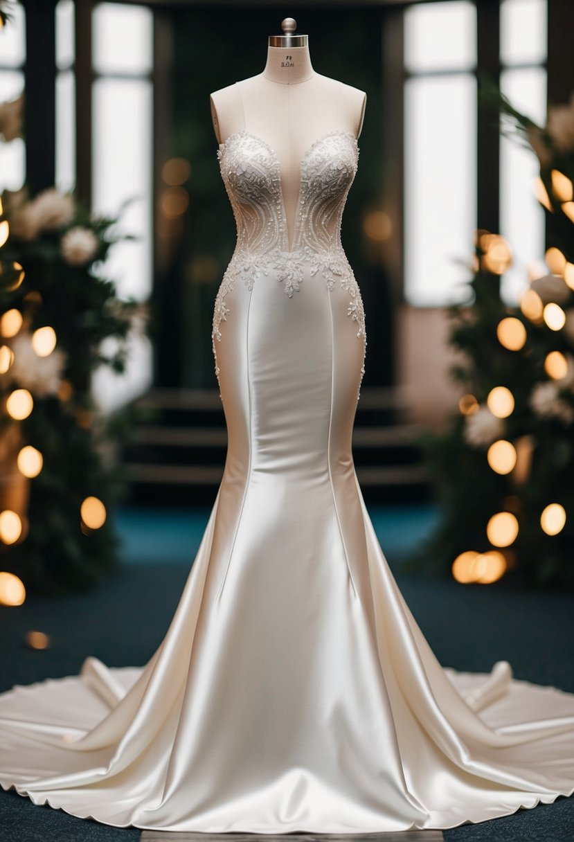 A mermaid wedding dress with satin fabric, glamorous curves, and intricate detailing