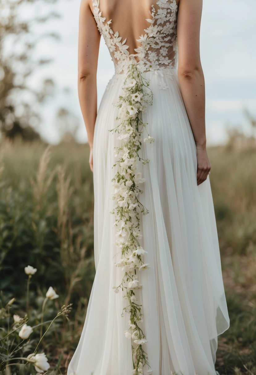 A delicate floral wedding dress with barely-there blooms cascading down the flowing fabric, creating a soft and romantic look