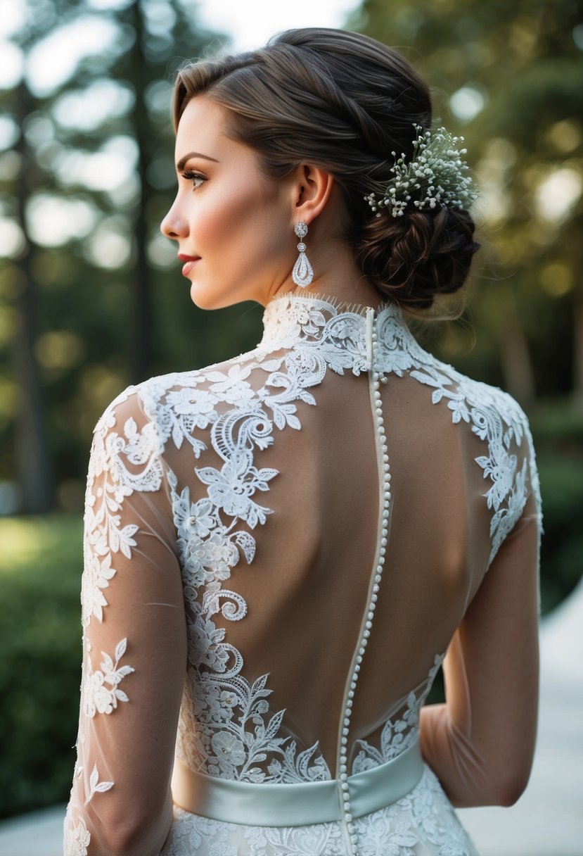 A high-necked wedding dress with intricate lace details, paired with elegant drop earrings