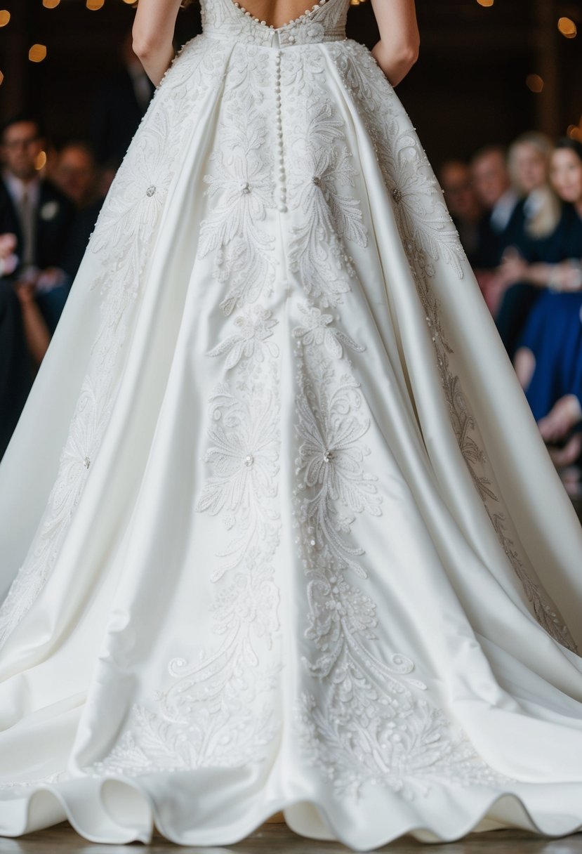 A white wedding dress adorned with intricate embroidered floral motifs, cascading down the flowing skirt and wrapping around the bodice