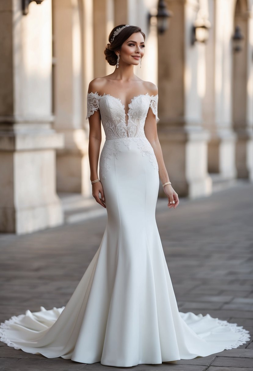 A bride in a classic off-shoulder mermaid wedding dress, standing gracefully with a flowing train and intricate lace detailing