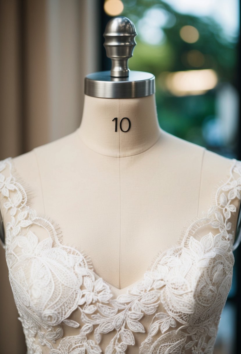 A delicate lace and floral patterned wedding dress displayed on a mannequin