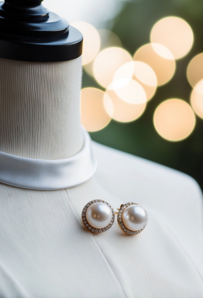 A pair of elegant pearl studs placed next to a high-necked wedding dress, evoking timeless elegance and sophistication