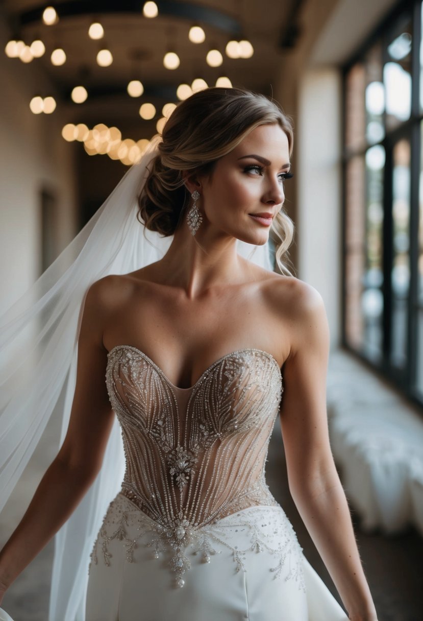 A beaded bodice mermaid wedding dress with intricate details and flowing fabric