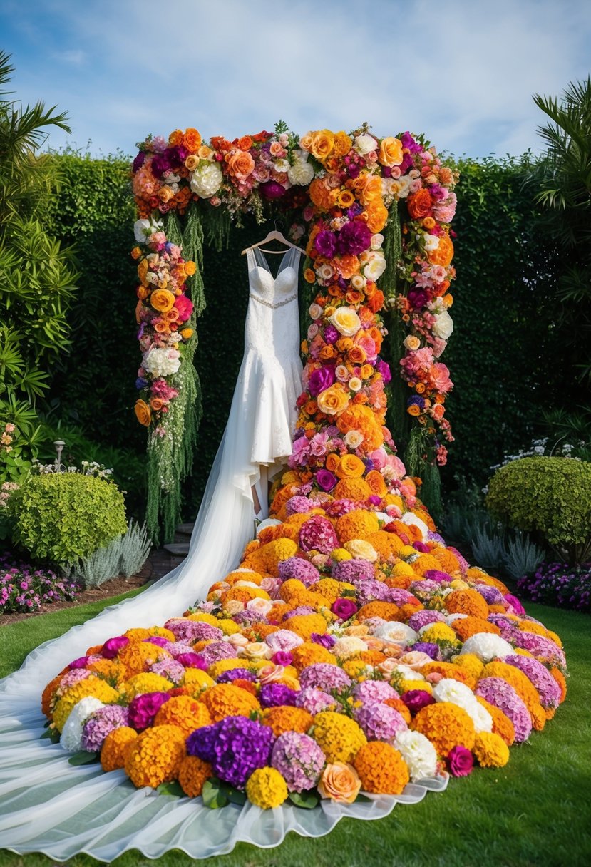 A vibrant garden of oversized, colorful flowers cascading down a flowing wedding dress