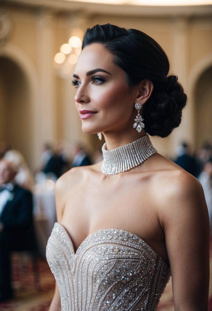 A woman wearing a high-necked dress with sophisticated diamond drop earrings, standing in a grand ballroom