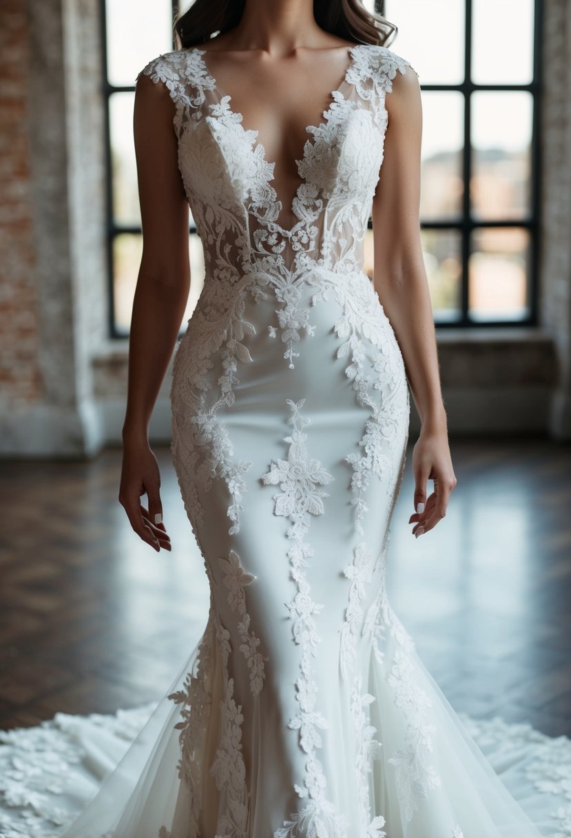 A mermaid wedding dress adorned with intricate floral lace cascading down the fitted silhouette, creating a romantic and enchanting bridal look