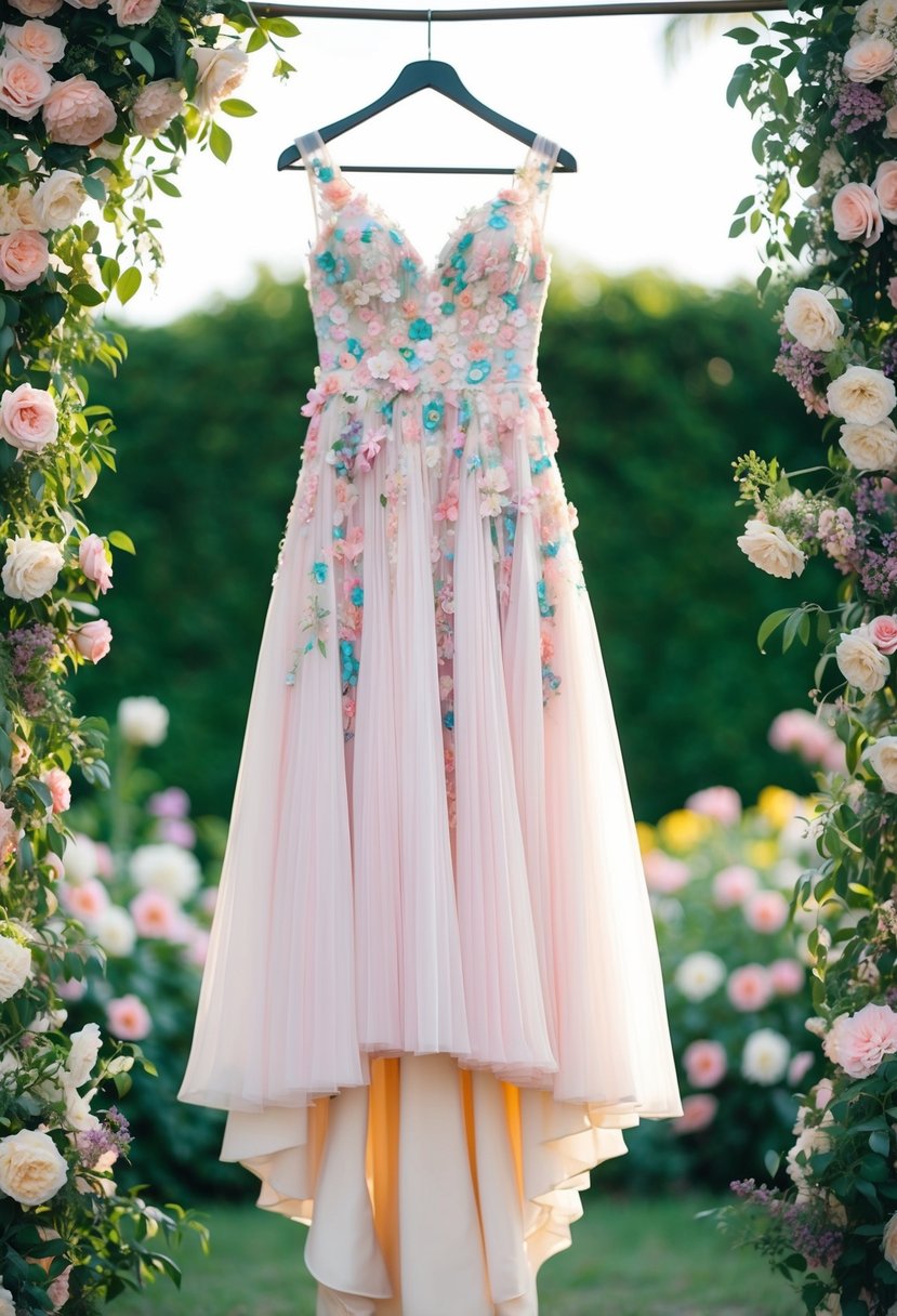 A flowing, pastel floral bouquet dress hangs on a hanger, surrounded by blooming flowers and greenery