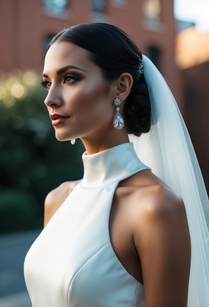 A sleek, high-necked wedding dress with chic teardrop earrings