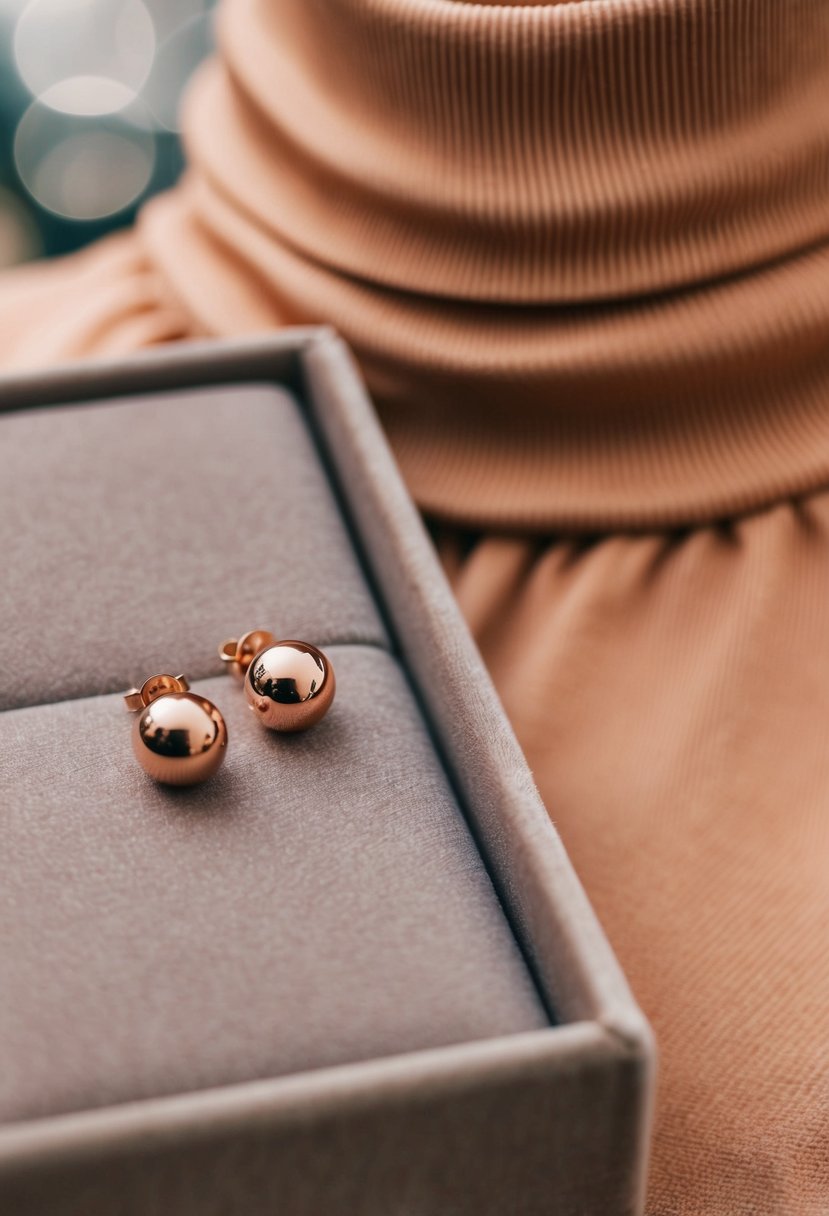 Two dainty rose gold earrings lying on a velvet surface next to a high-necked warm-toned dress