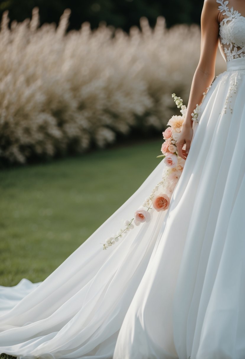 A flowing white wedding dress adorned with delicate pastel flower accents