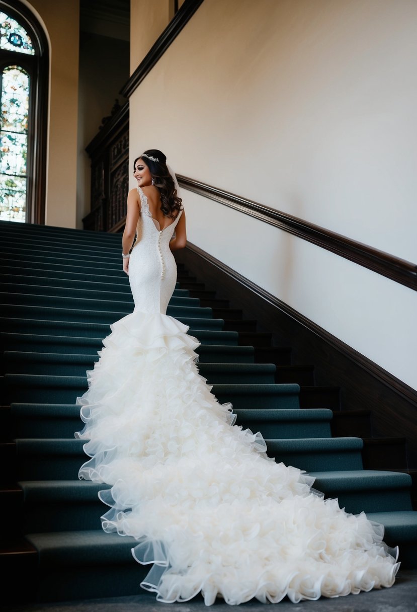 A mermaid wedding dress with a ruffled train cascading down a grand staircase