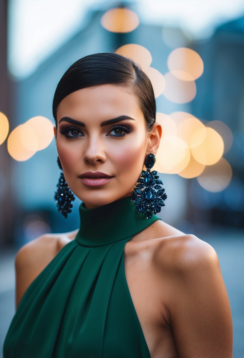 A high neck dress with bold statement earrings, exuding dramatic flair