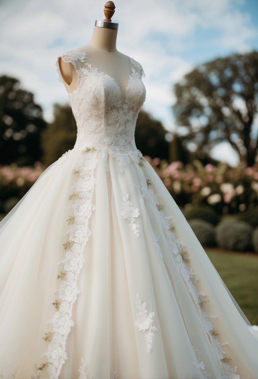 An ivory wedding dress adorned with delicate lace and floral trims