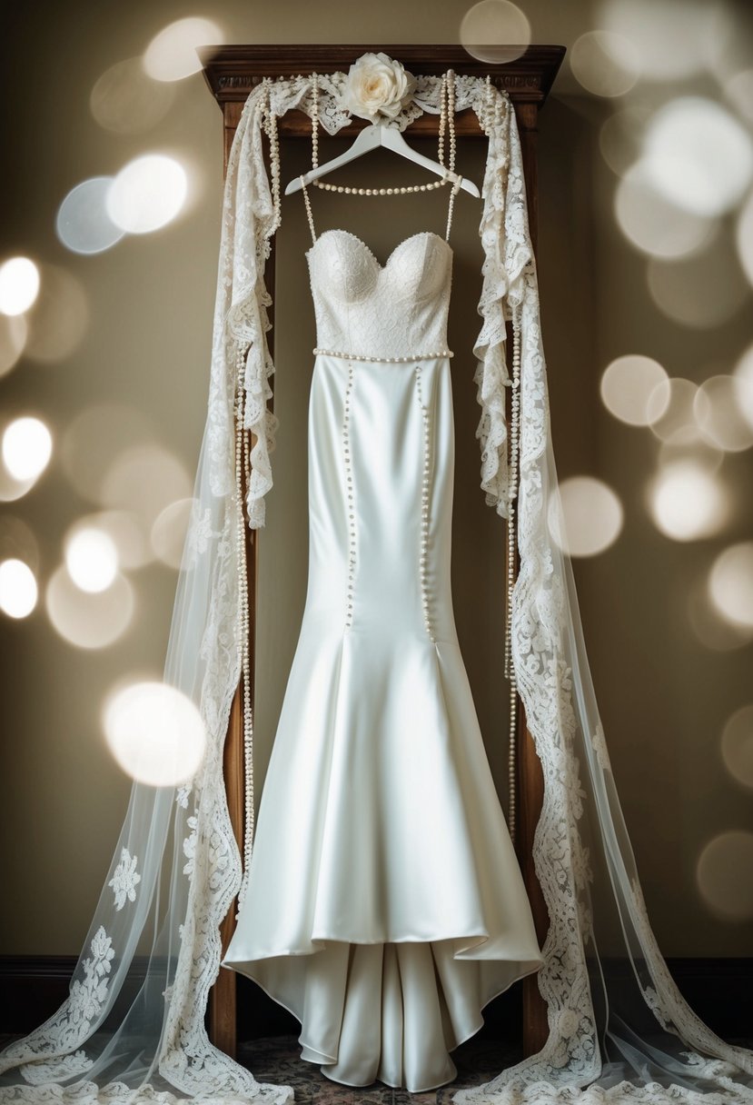 A mermaid wedding dress hanging on a vintage-inspired mannequin, surrounded by antique lace and pearls