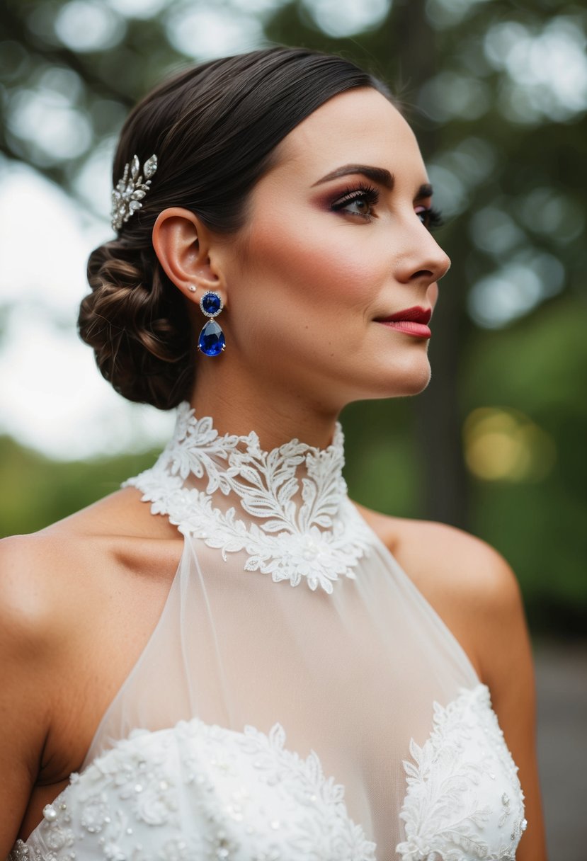 A high-necked wedding dress with sapphire stud earrings