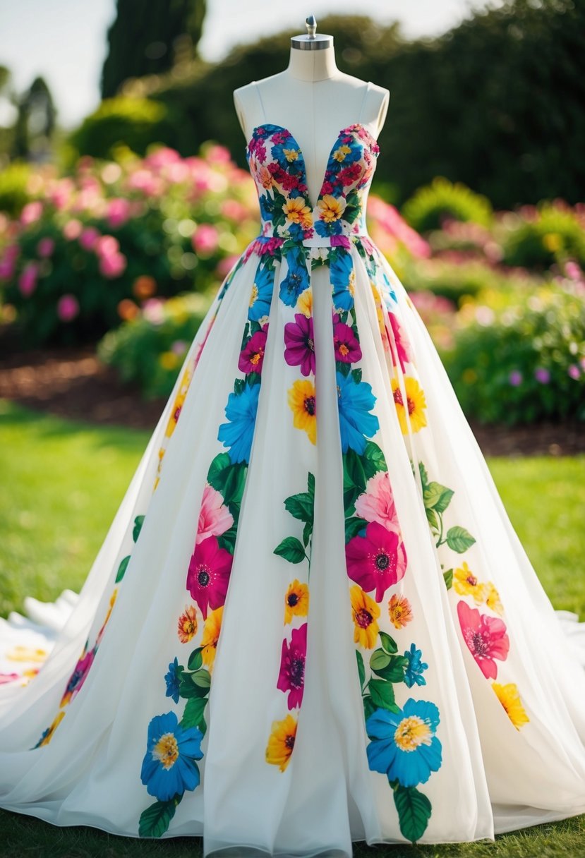 A flowing wedding gown adorned with vibrant, non-traditional floral prints, set against a backdrop of lush, blooming gardens