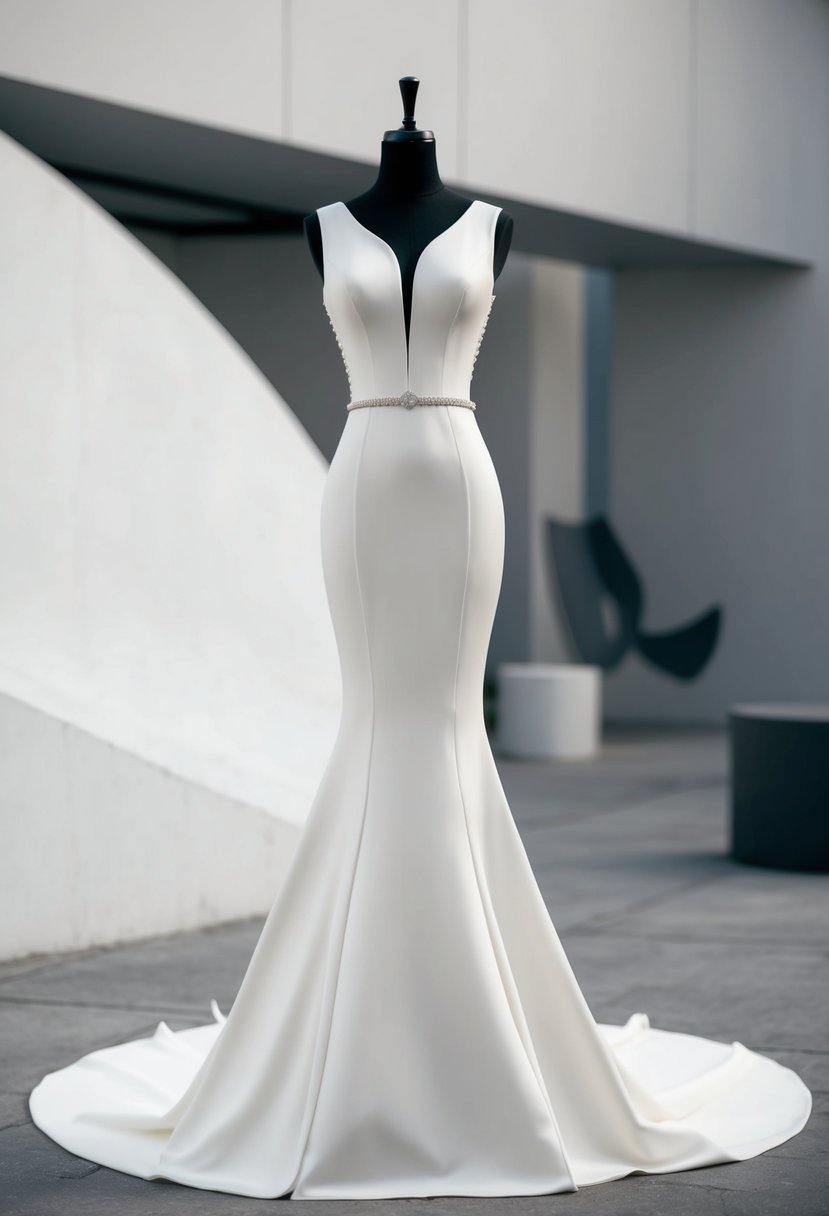 A sleek, form-fitting mermaid wedding dress with clean lines and minimal embellishments, set against a backdrop of a contemporary, minimalist wedding venue