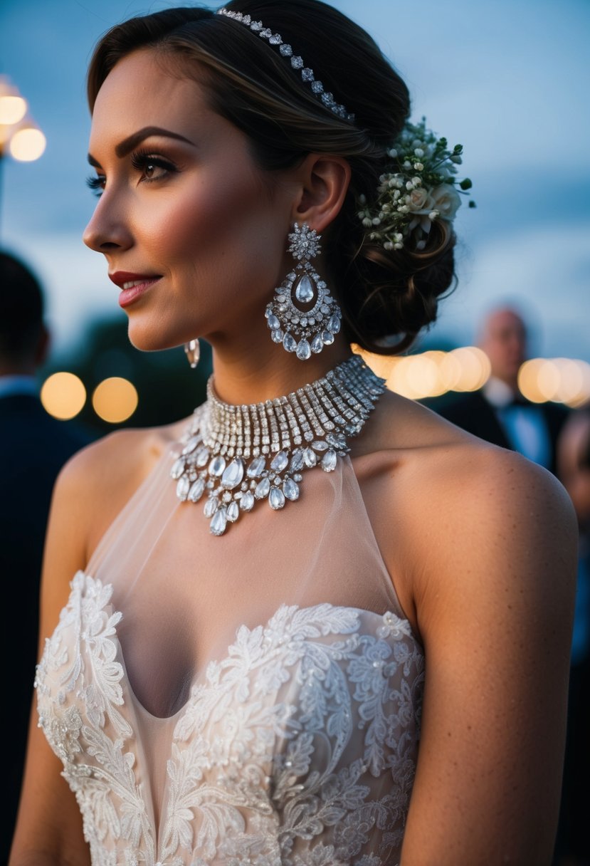 A high neck dress adorned with luxurious chandelier earrings, evoking evening elegance at a wedding