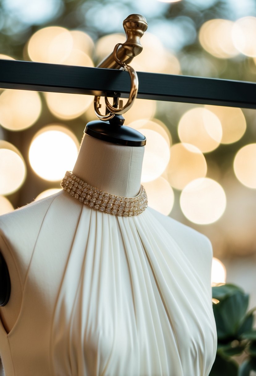 A high neck dress hangs on a mannequin, adorned with classic gold hoop earrings for a wedding