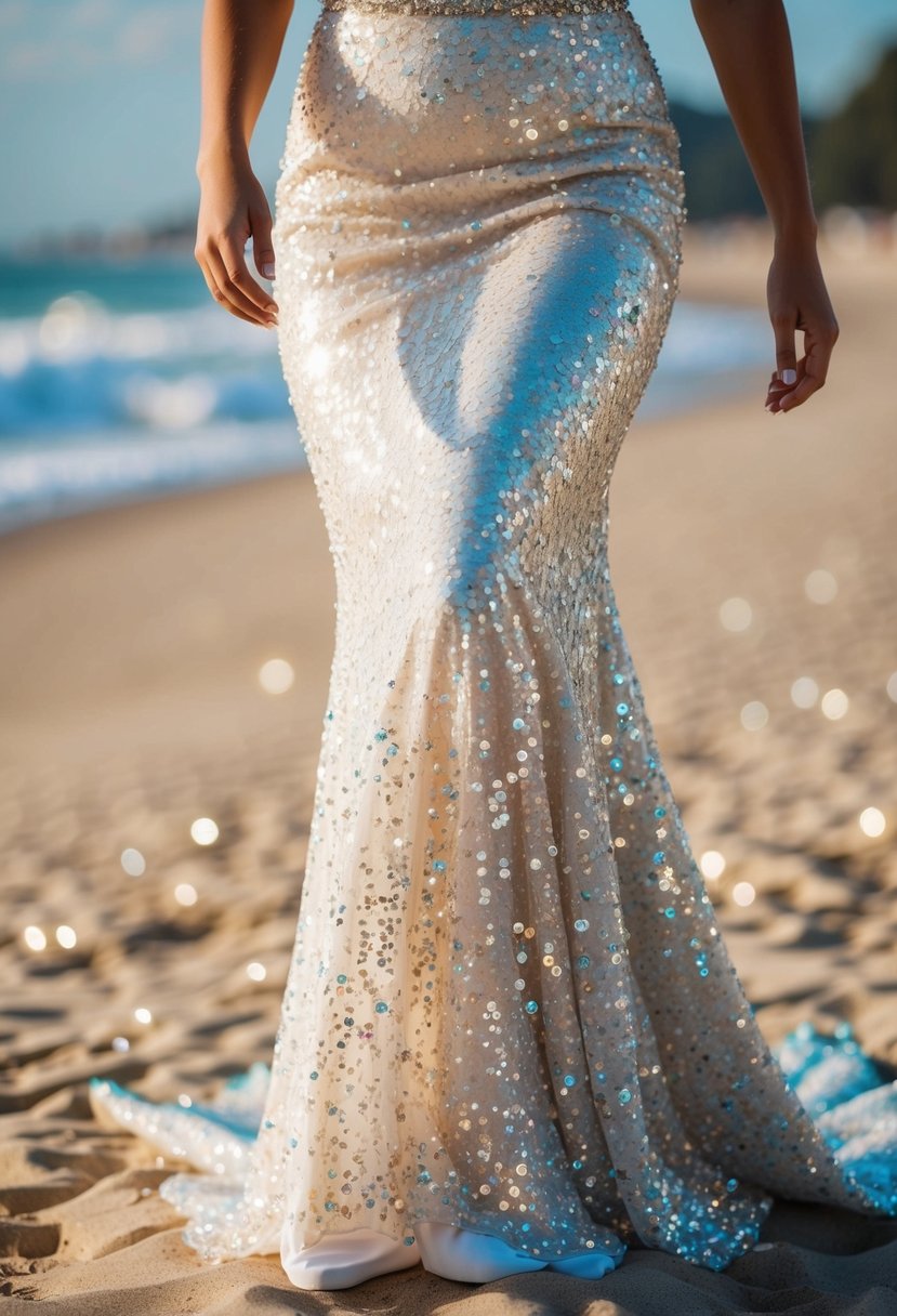 A sparkling mermaid wedding dress adorned with shimmering sequins cascades down a sandy beach, catching the light and creating a dazzling display