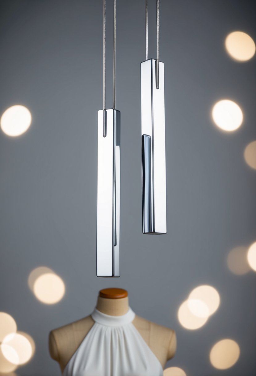 A pair of minimalist silver bars suspended in midair, with a sleek high neck dress in the background