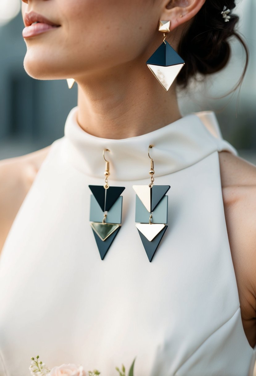 A pair of modern, geometric earrings dangling from a high neck dress, creating a contemporary and elegant wedding look