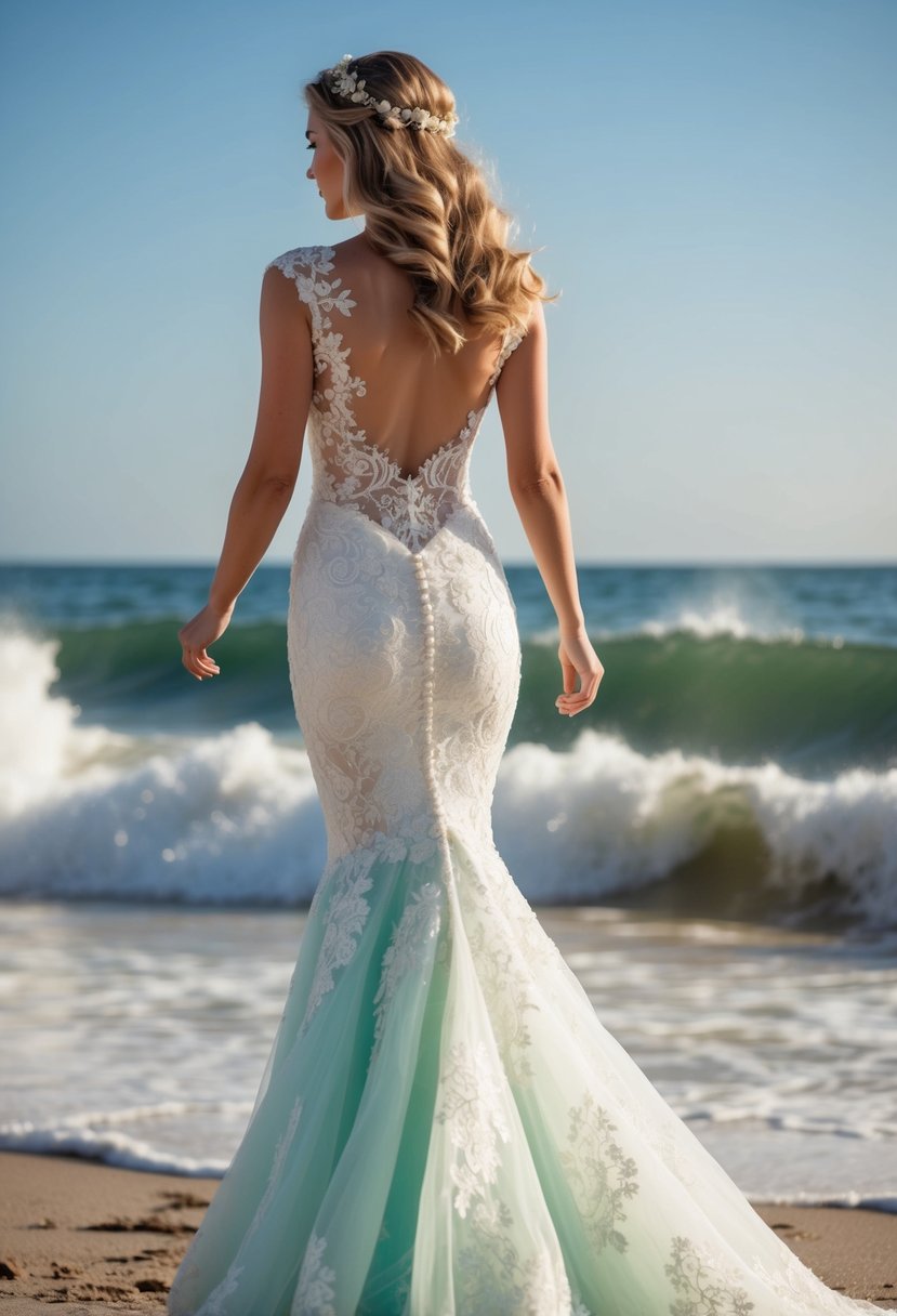 A mermaid wedding dress adorned with Chantilly lace cascades down a sun-drenched beach, surrounded by gently crashing waves and a soft, romantic breeze