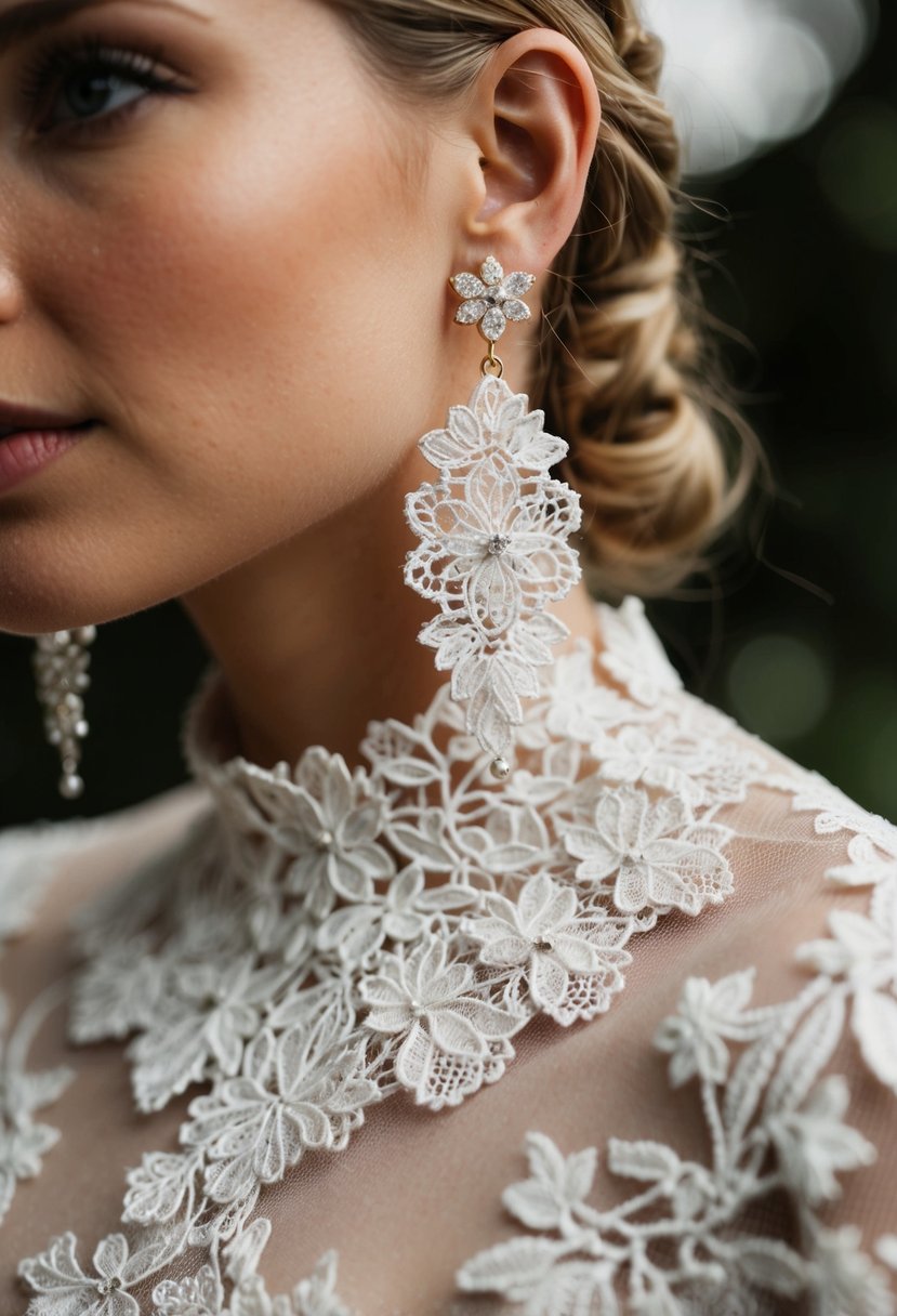 A close-up of lace-inspired earrings dangling from a high neck wedding dress