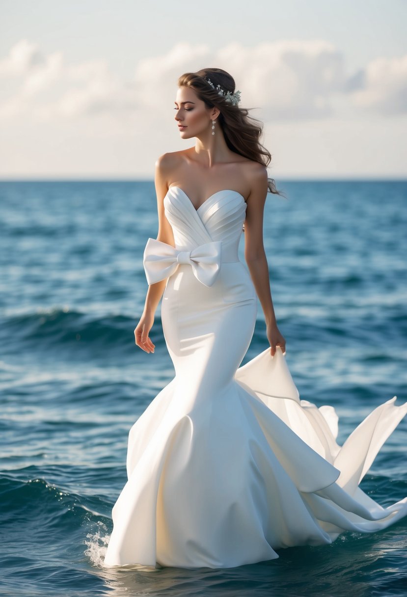 A mermaid-style wedding dress with a detachable bow, flowing in the ocean breeze