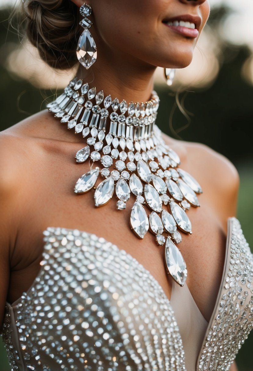 Sparkling crystal studs adorn a glamorous high-neck wedding dress