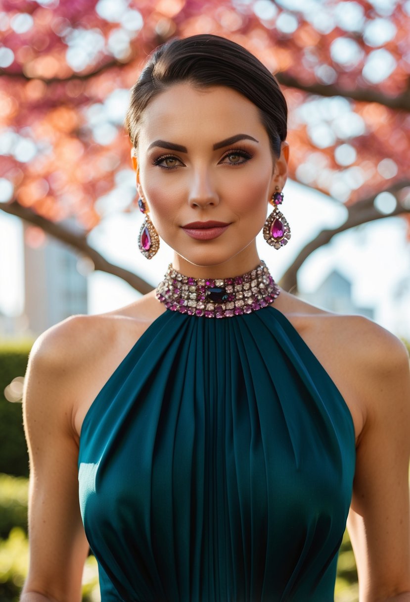 A high-neck dress with vibrant gemstone earrings catches the light