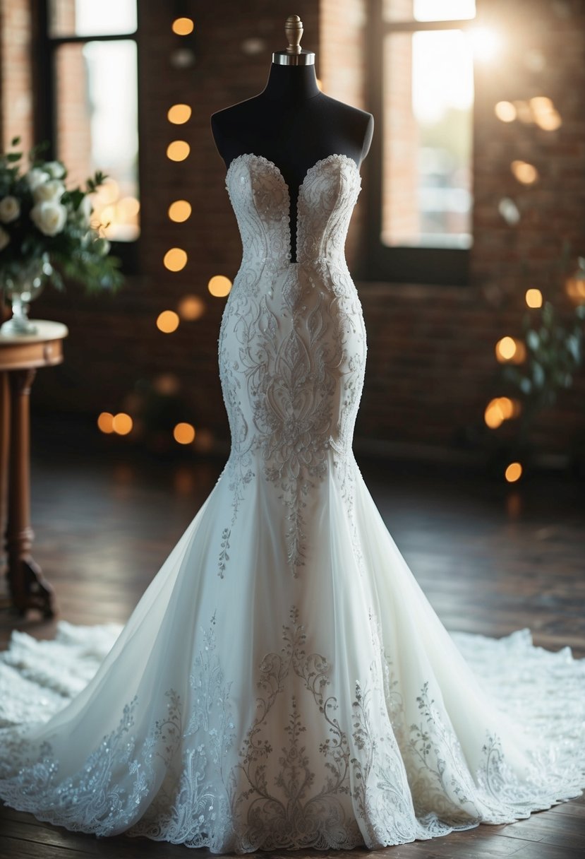 A strapless mermaid wedding dress with intricate embroidery cascading down the skirt