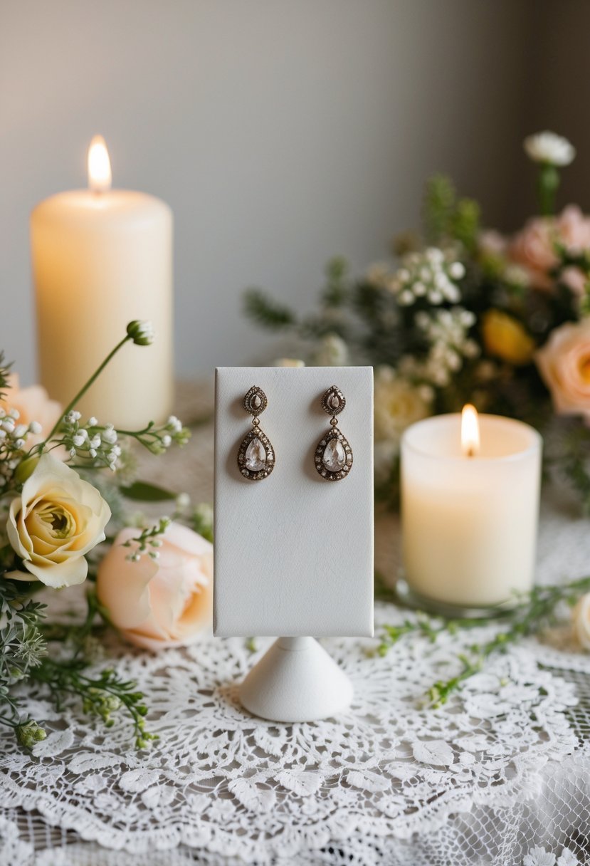 A pair of vintage-style earrings displayed on a lace-covered table, surrounded by delicate floral arrangements and soft candlelight