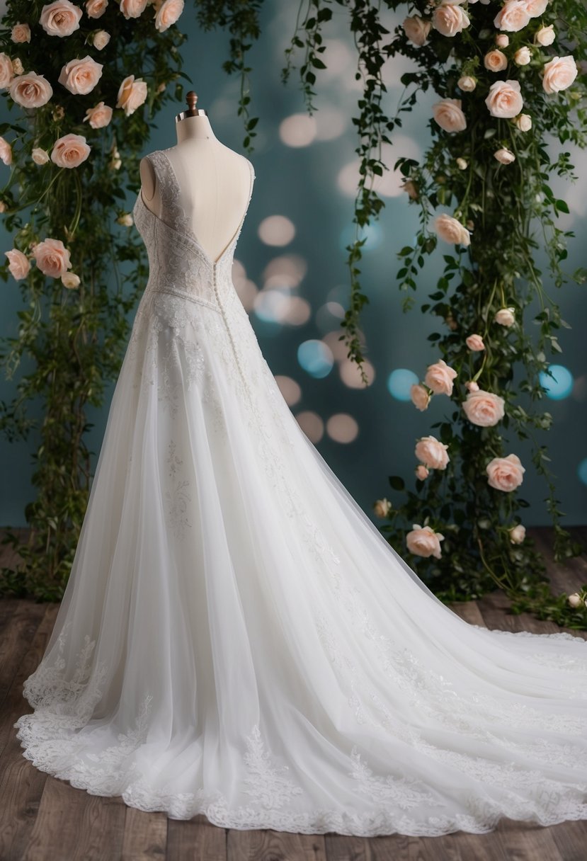 An elegant, flowing wedding gown with intricate lace and delicate beadwork, set against a backdrop of blooming roses and trailing greenery