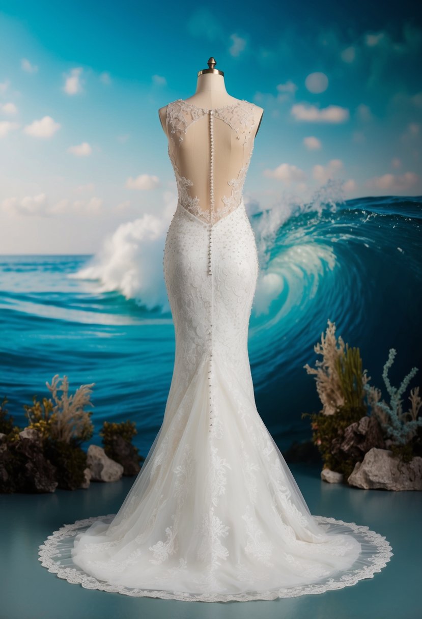 A mermaid wedding dress with illusion back, cascading lace, and delicate beading, set against an ocean backdrop with swirling waves and a hint of underwater flora