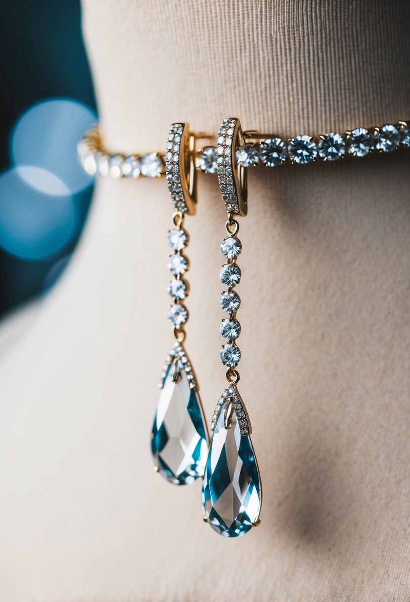 A pair of elegant crystal teardrop earrings hanging from a high-neck wedding dress