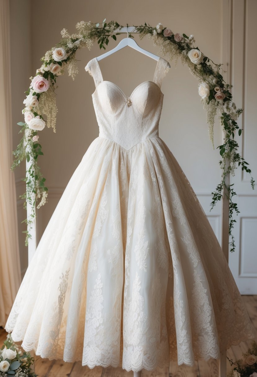 A vintage lace ballgown with a sweetheart neckline hangs on a dress form in a softly lit room, surrounded by delicate floral accents and vintage accessories