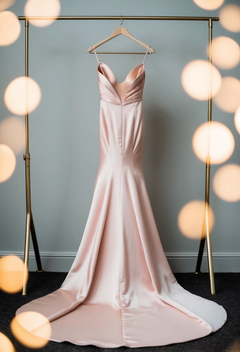 A blush pink mermaid gown with a subtle train, draped elegantly on a hanger, surrounded by soft, dreamy lighting