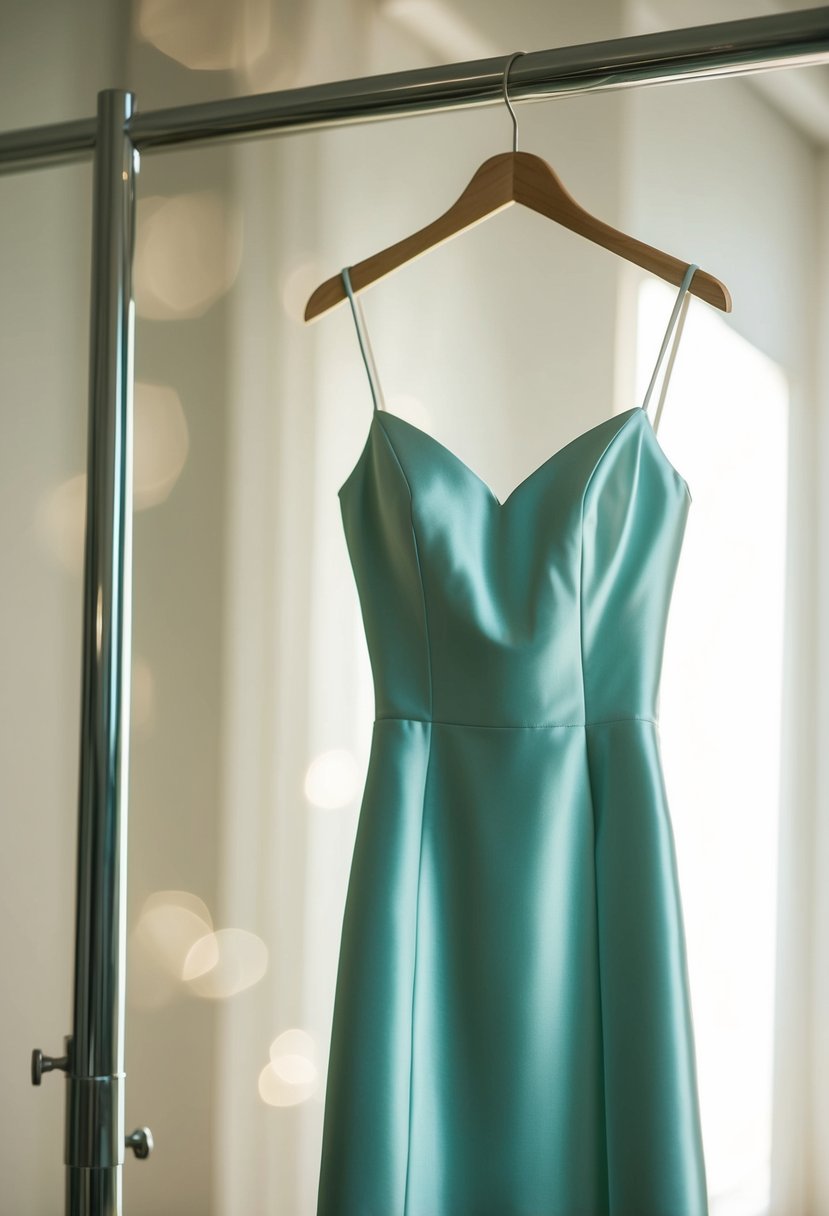 A sleek satin sheath gown with delicate spaghetti straps hangs on a dress form, bathed in soft, natural light