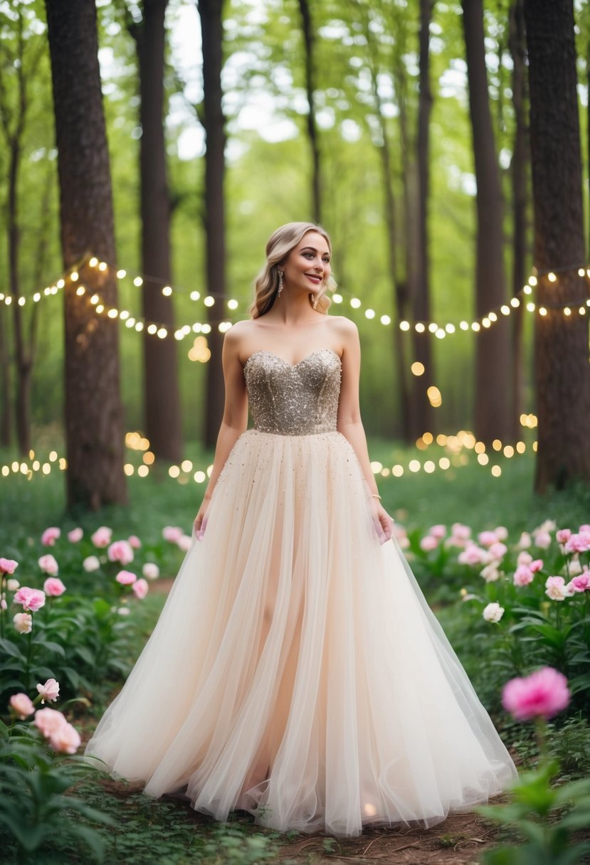 A flowing tulle skirt with a sparkling bodice, surrounded by twinkling fairy lights and blooming flowers in a magical forest clearing