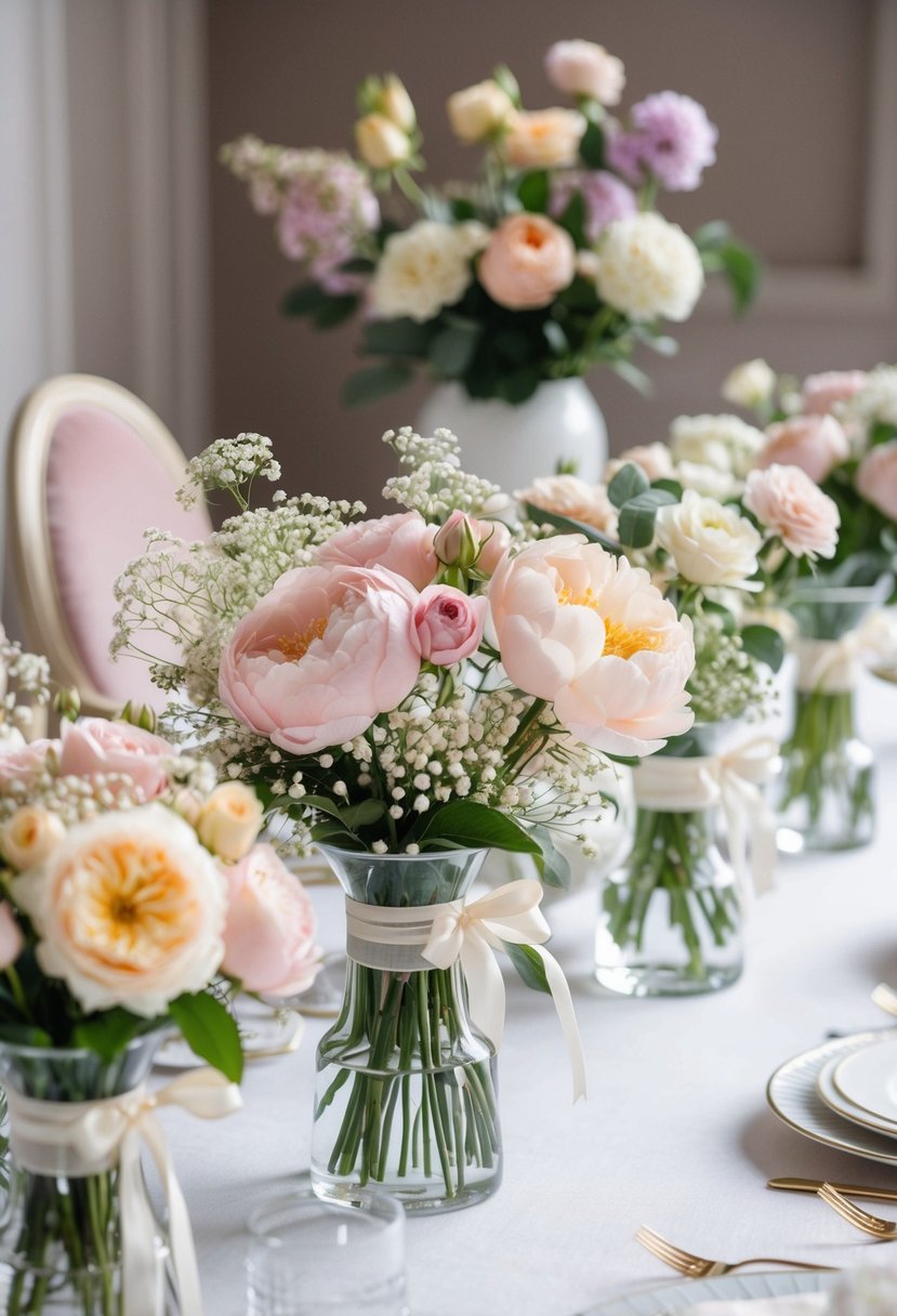 A table adorned with various floral arrangements in soft pastel colors, including roses, peonies, and baby's breath, arranged in elegant vases and tied with delicate ribbons