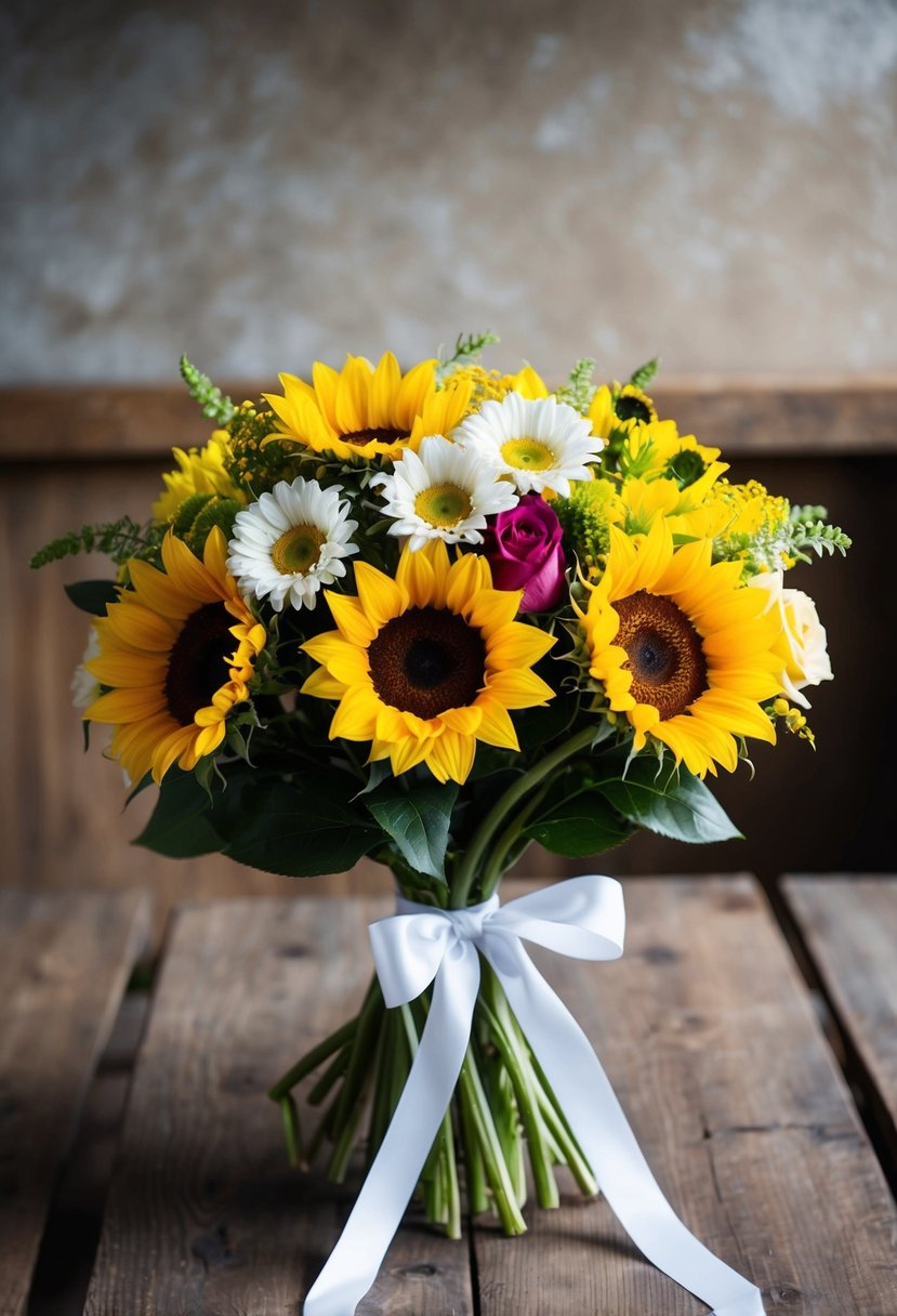 A yellow bouquet of sunflowers, daisies, and roses tied with a white ribbon, resting on a rustic wooden table