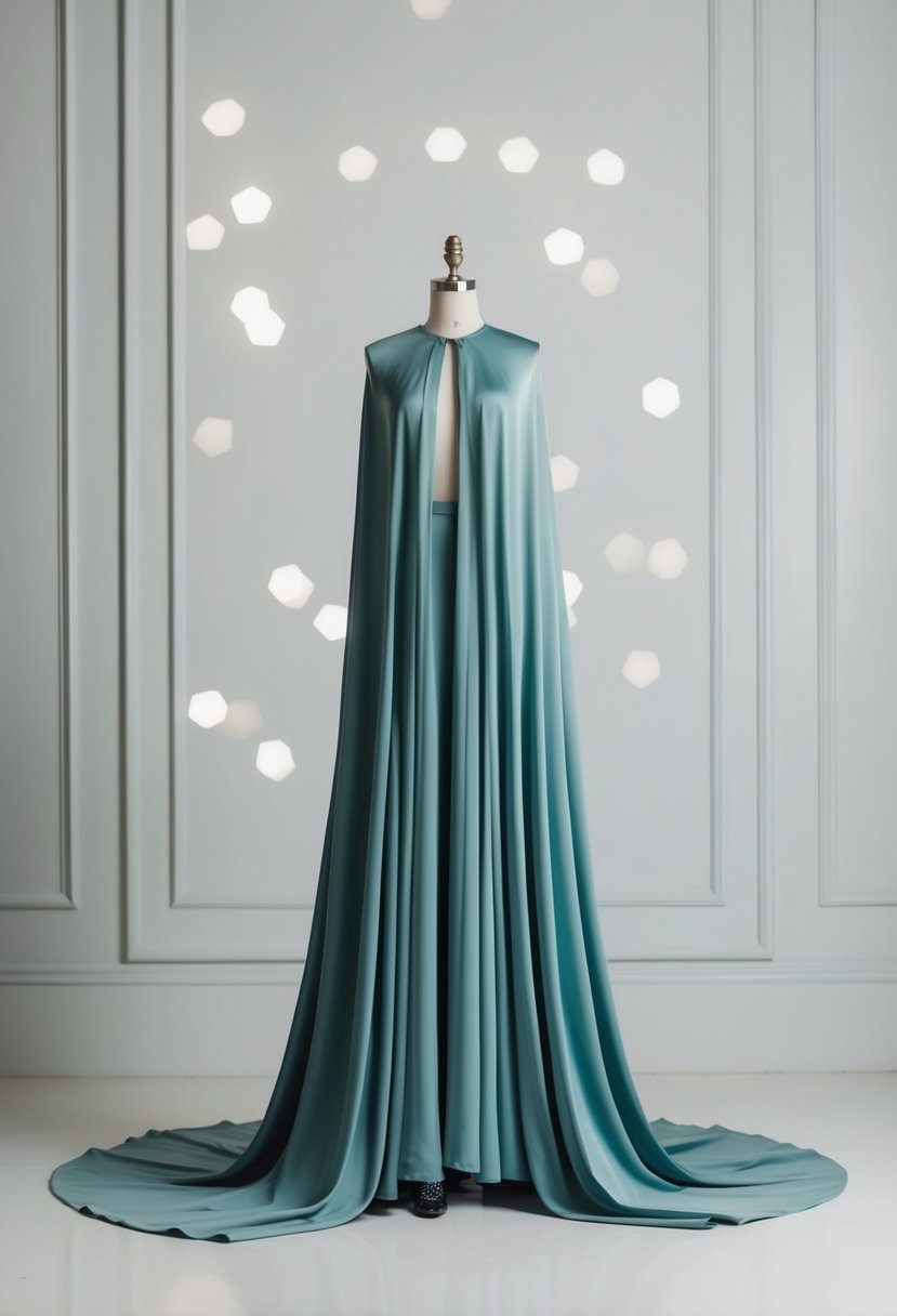 A flowing cape gown in a modern, minimalist style, set against a simple, elegant backdrop