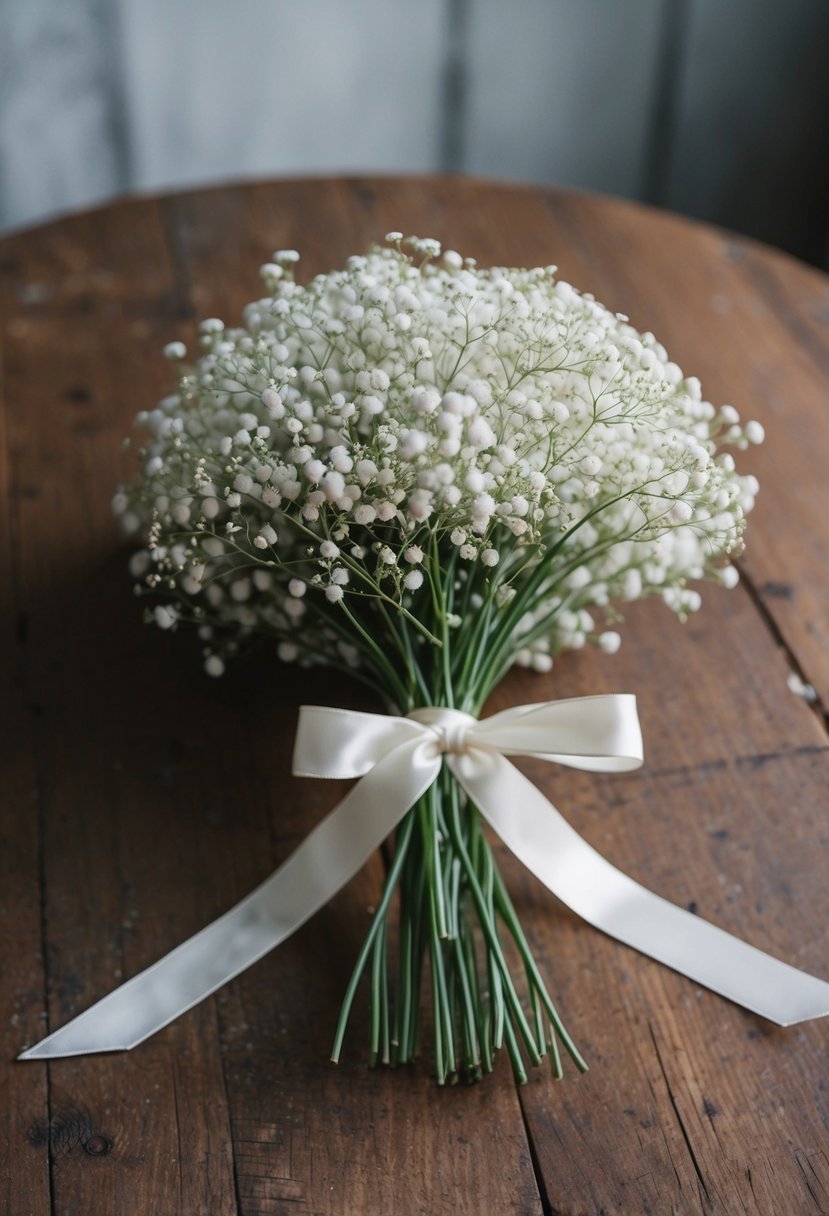 A delicate bouquet of baby's breath tied with a satin ribbon, resting on a rustic wooden table