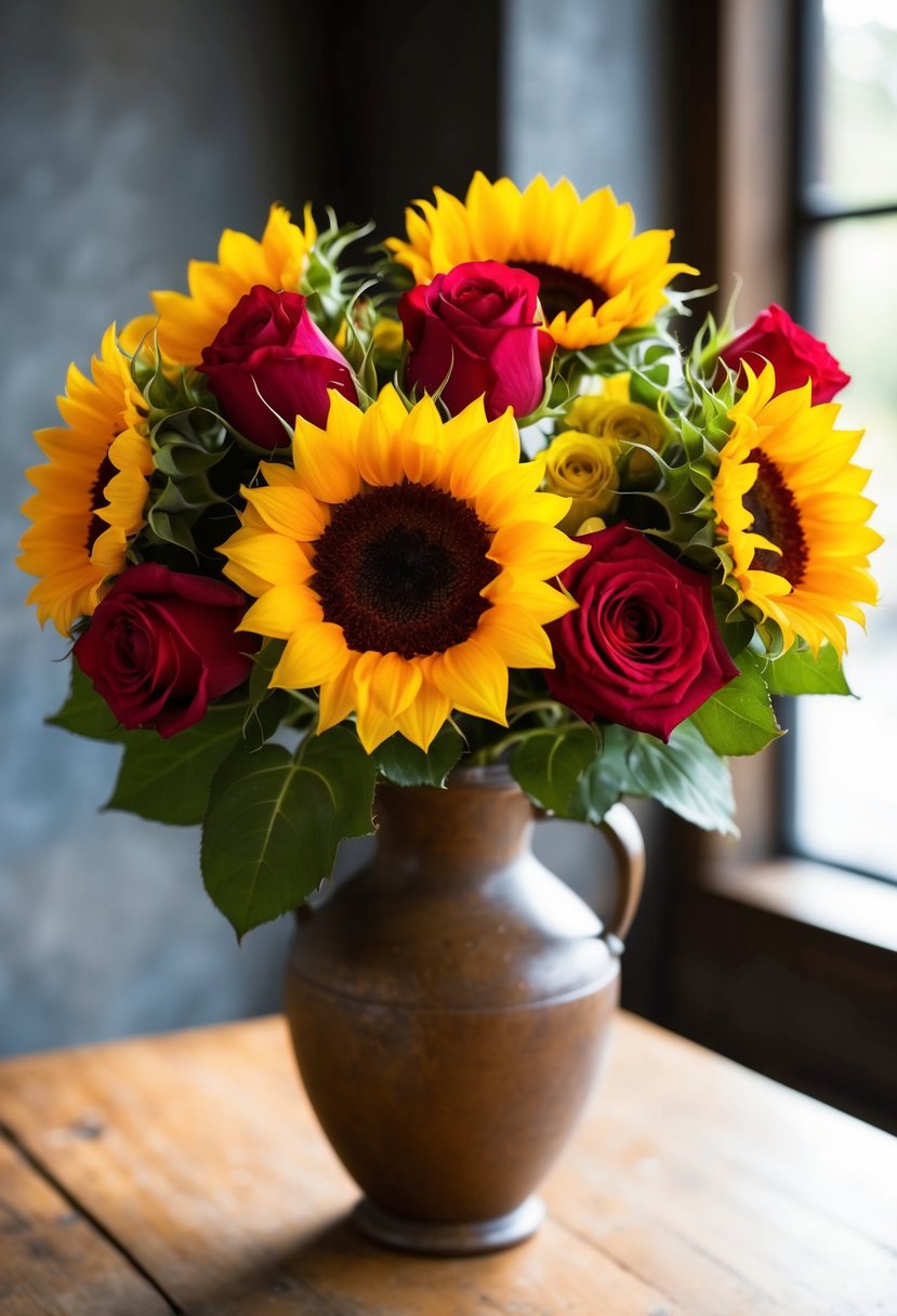 A vibrant sunflower and rose bouquet, with yellow and red hues, arranged in a rustic vase on a wooden table