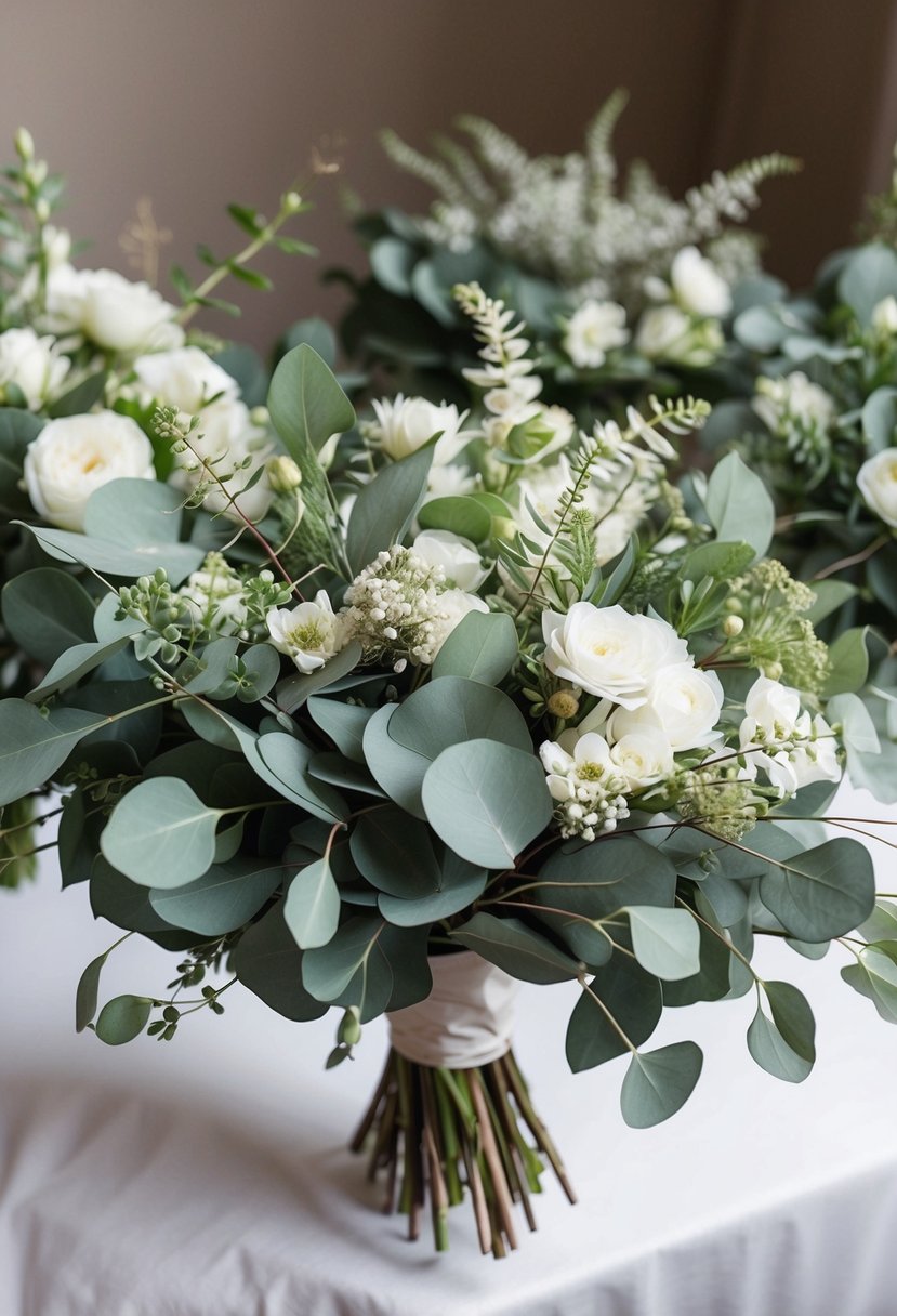 A lush bouquet of silver dollar eucalyptus arranged with delicate white blooms and flowing greenery, perfect for bridesmaids' wedding bouquets