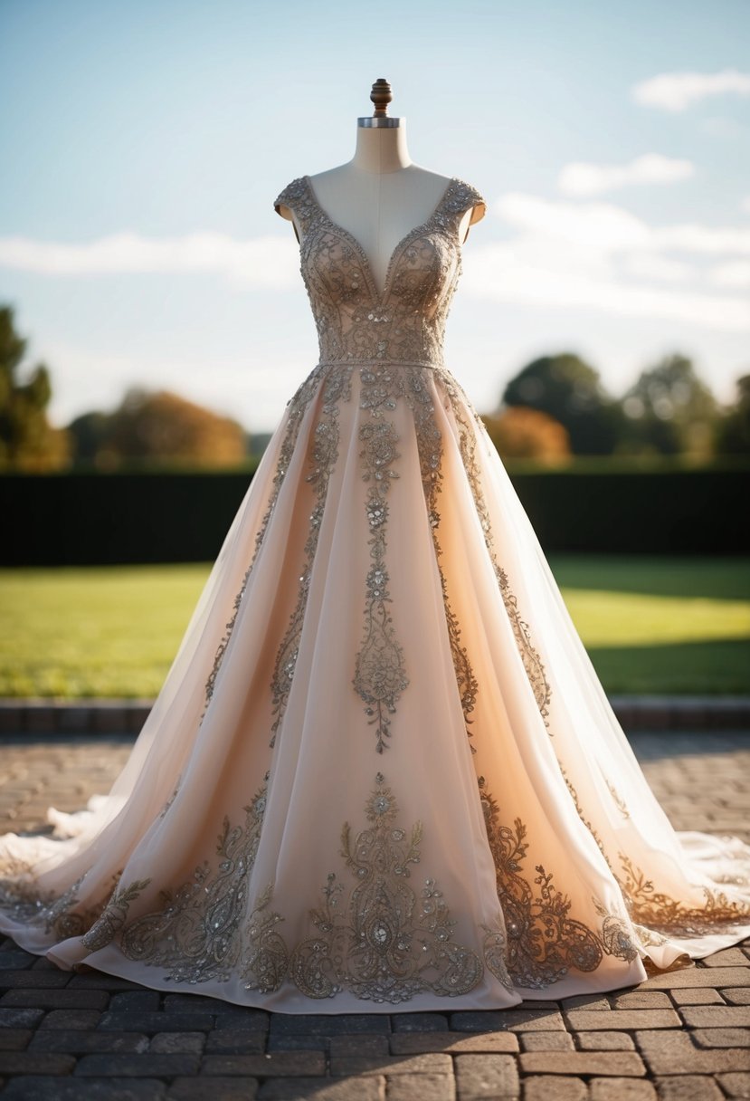 A knee-length gown with intricate embroidered details, flowing gracefully in the breeze