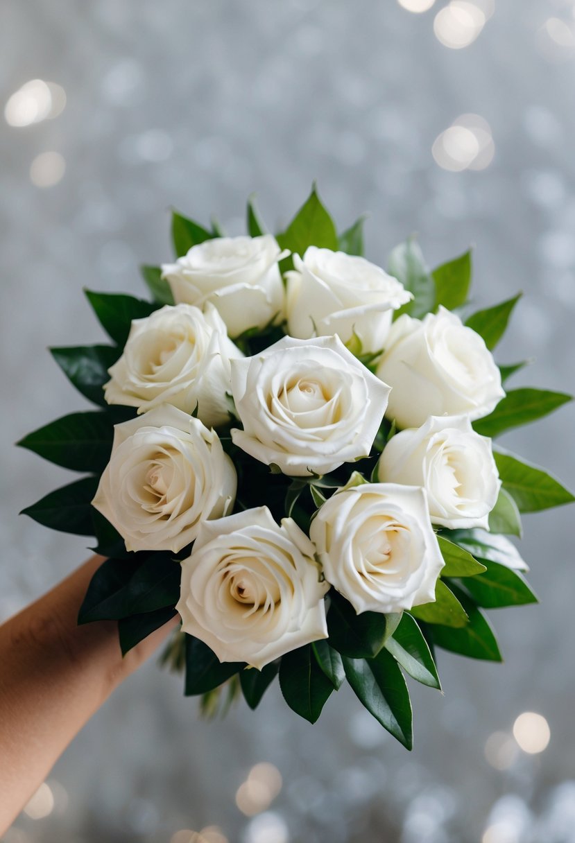 A cluster of white roses arranged in a circular bouquet, with green foliage peeking out from between the blooms