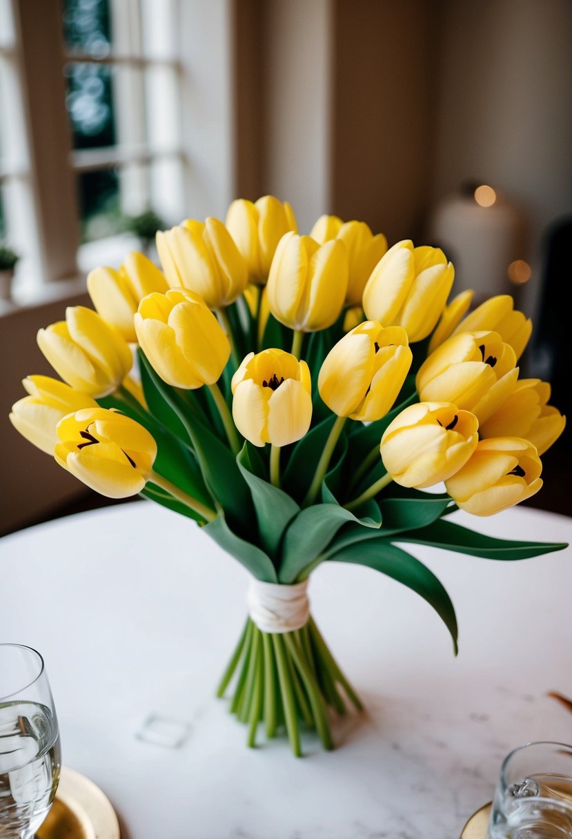 A cluster of elegant yellow tulips arranged in a wedding bouquet